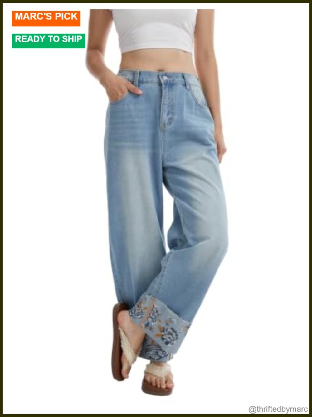 Embroidered Straight Leg Cuffed Stretch Denim Jeans - Picture 2 of 4
